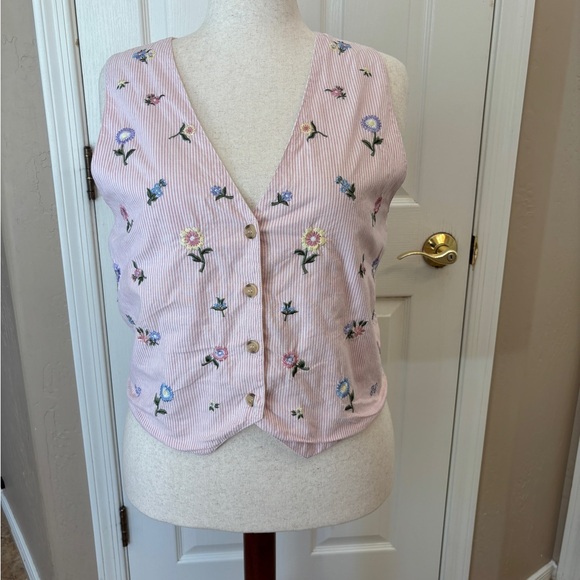 Solutions Cotton Lined Pink Embroderied Floral Retro Grandma Vest Women’s Large - Picture 2 of 10